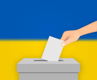 Ukrayna seçim pankartı arka planı. Bulanık bayraklı oy sandığı