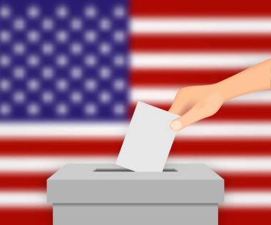 Amerika Birleşik Devletleri seçim pankartı arka planında. Bulanık bayraklı oy sandığı