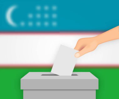 Özbekistan seçim pankartı arka planı. Bulanık bayraklı oy sandığı