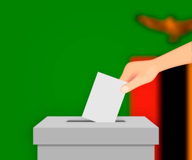 Zambiya seçim pankartı arka planı. Bulanık bayraklı oy sandığı