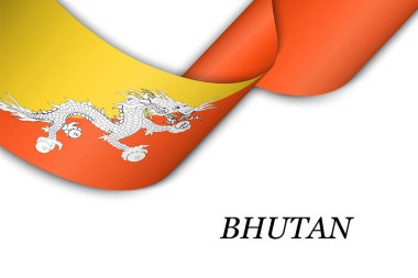 Bhutan bayrağıyla kurdele ya da bayrak sallıyor. Bağımsızlık Günü poster tasarımı için şablon