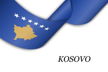 Kosova bayrağıyla kurdele ya da afiş sallıyor. Bağımsızlık Günü poster tasarımı için şablon