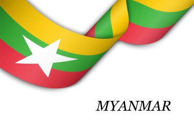 Myanmar bayrağıyla kurdele ya da bayrak sallıyor. Bağımsızlık Günü poster tasarımı için şablon