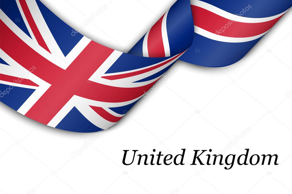 Waving ribbon or banner with flag of United Kingdom. Template for independence day poster design