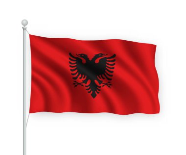Beyaz arka planda izole edilmiş bayrak direğinde Arnavutluk 'u sallayan 3D bayrak.