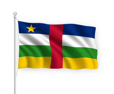 Beyaz arka planda izole edilmiş bayrak direğinde 3D dalgalanan Orta Afrika Cumhuriyeti.