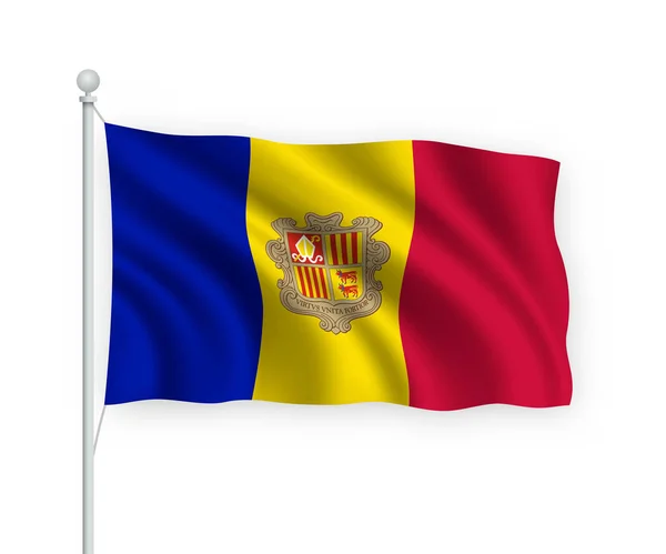 Bandera Ondeante Andorra Sobre Asta Bandera Aislado Sobre Fondo Blanco — Vector de stock