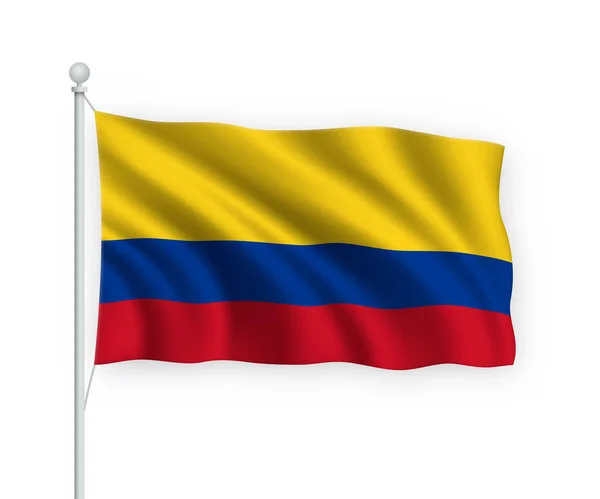 Bandera Ondeante Colombia Asta Bandera Aislado Sobre Fondo Blanco — Vector de stock