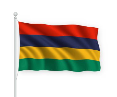 Mauritius bayrağını bayrak direğinde sallıyor. Beyaz arka planda izole edilmiş..