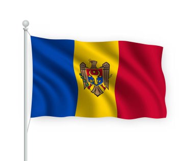 Beyaz arka planda izole edilmiş bayrak direğinde Moldova bayrağı sallıyor.