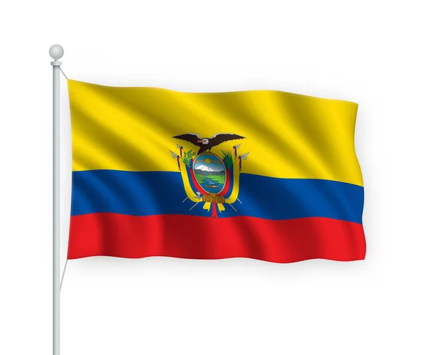 Bandera Ondeante Ecuador Asta Bandera Aislado Sobre Fondo Blanco — Vector de stock