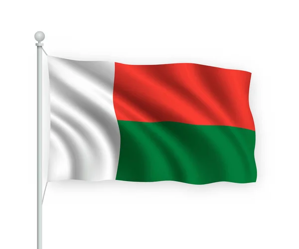 Vlnění Vlajky Madagaskar Vlajkovém Stožáru Izolované Bílém Pozadí — Stockový vektor