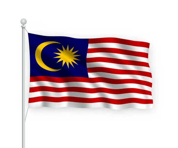 3D在旗杆上飘扬的马来西亚国旗 白色背景孤立 — 图库矢量图片