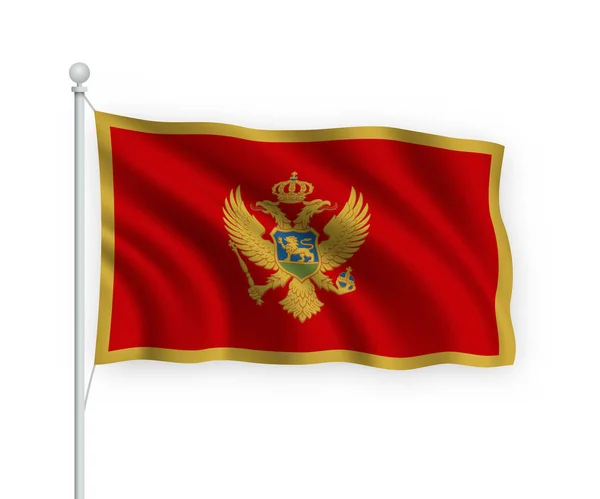 Viftande Flagga Montenegro Flaggstång Isolerad Vit Bakgrund — Stock vektor