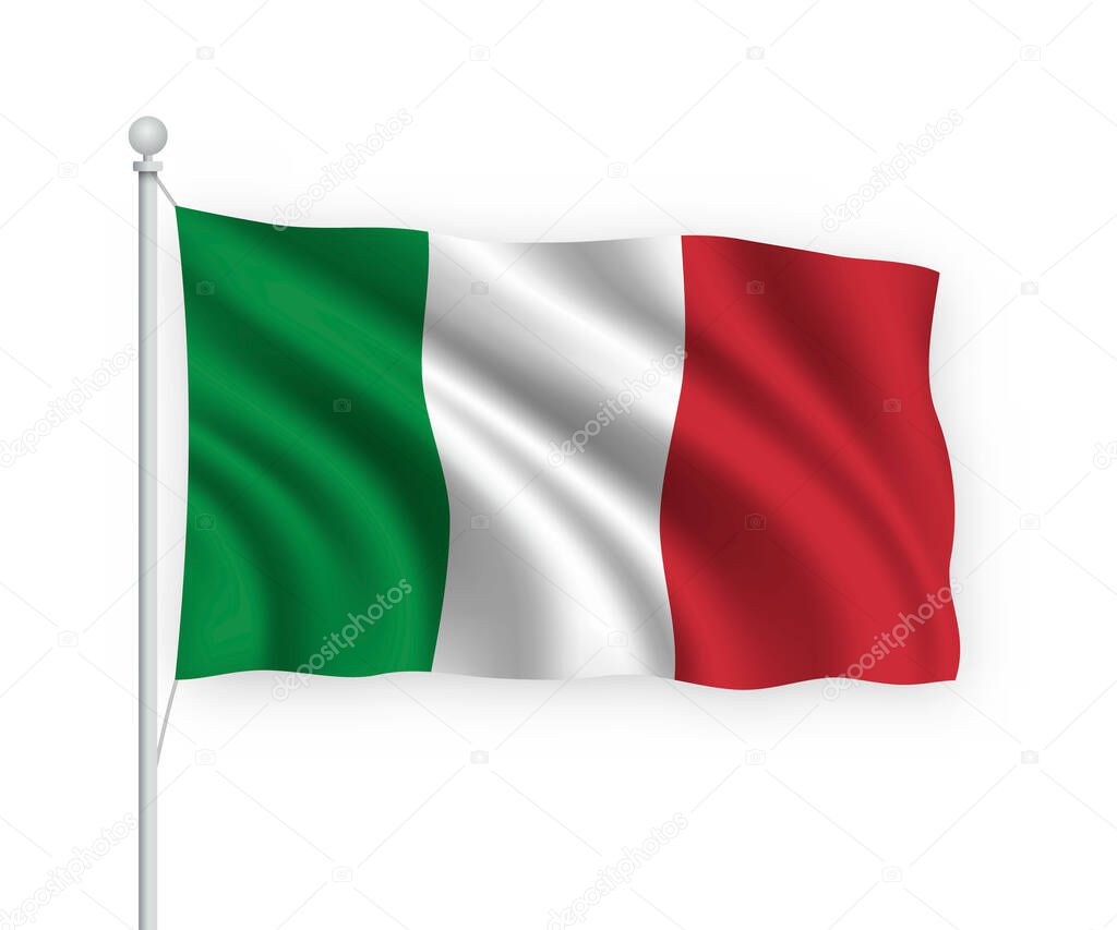 3d waving flag Italy on flagpole Isolated on white background.