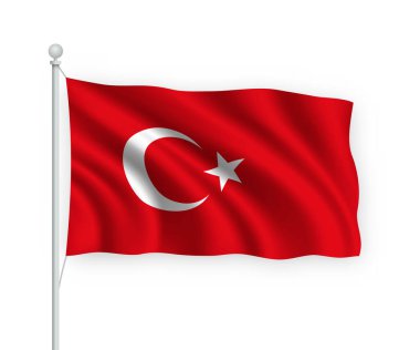Beyaz arka planda izole edilmiş bayrak direğinde üç boyutlu Türkiye bayrağı sallıyor.