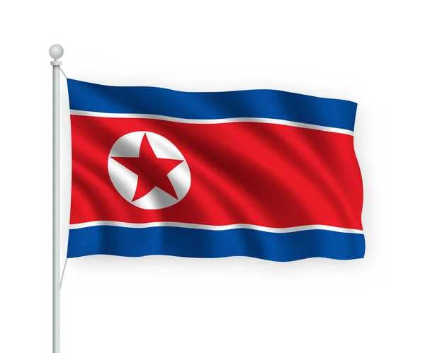 Zwaaiende Vlag Noord Korea Vlaggenmast Geïsoleerd Witte Achtergrond — Stockvector