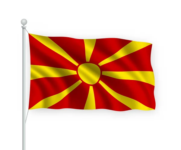 Zwaaiende Vlag Noord Macedonië Vlaggenmast Geïsoleerd Witte Achtergrond — Stockvector