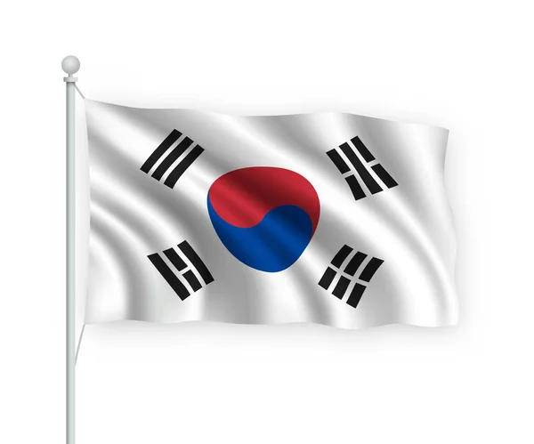 Integető Zászló Dél Korea Zászlórúdon Izolált Fehér Háttér — Stock Vector