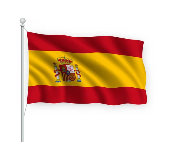 Bandera Ondeante España Sobre Asta Bandera Aislado Sobre Fondo Blanco — Archivo Imágenes Vectoriales
