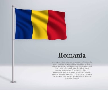 Bayrak direğinde Romanya bayrağı sallıyor. Bağımsızlık Günü poster tasarımı için şablon