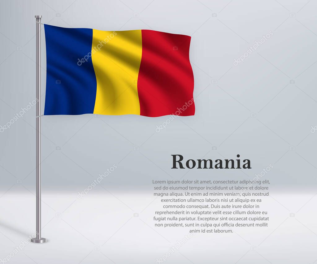 Waving flag of Romania on flagpole. Template for independence day poster design