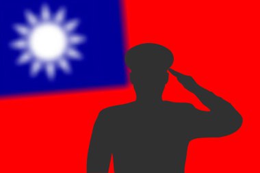 Tayvan bayrağıyla bulanık arkaplanda Solder silueti. Anma Günü için şablon