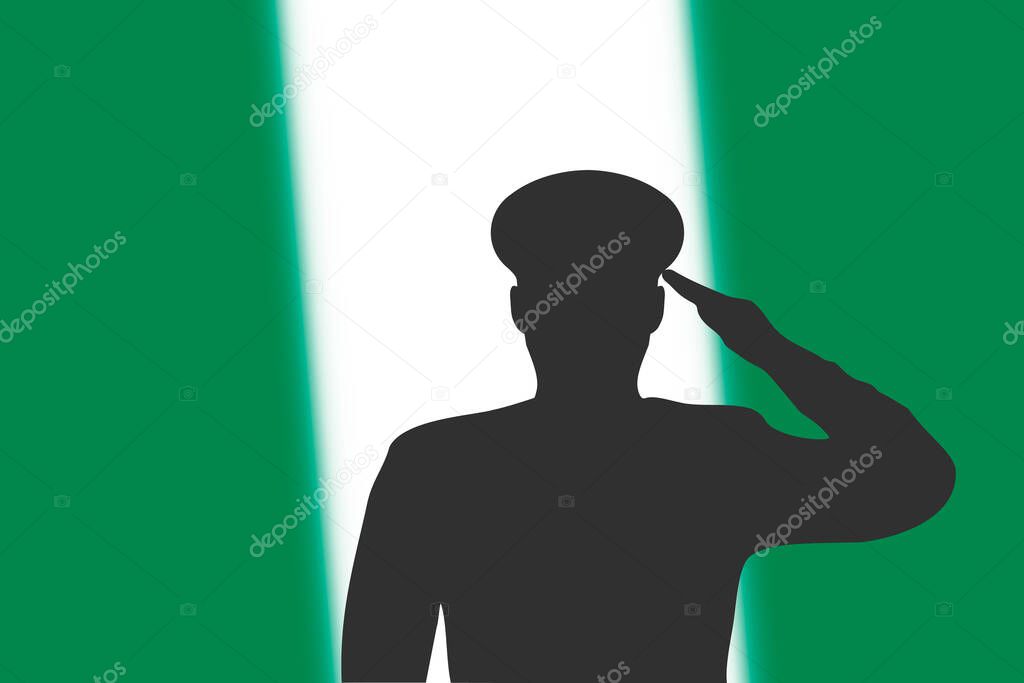 Solder silhouette on blur background with Nigeria flag. Template for memorial day
