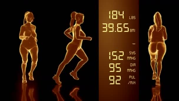 Simulación de una mujer gorda perdiendo peso corporal e índice de IMC Diseño de pantalla de rayos X Animación 3D — Vídeos de Stock