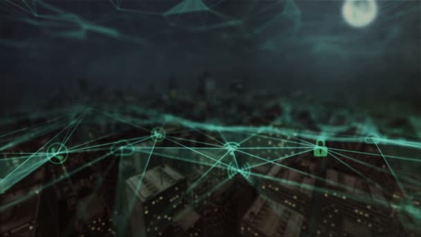 Futuristische luchtfoto. Verbonden stad. Technologie netwerkconcept. 3D animatie — Stockvideo