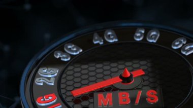5g internet hızı kavramı animasyon. Eski 1g'den yeni 5g teknolojisine geçen işaretçi ile fütüristik hız göstergesi, hızlı mobil ağ kavramı (3d render)