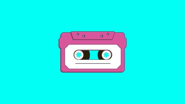 Vintage music cassette tape. Cartoon flat style playing audio cassette animation on a blue background. — Stock Video