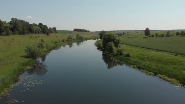 Widok z lotu ptaka na rzekę i pola. Podróże, przygoda i malownicze słynne pojęcie przeznaczenia. Piękny krajobraz. Niski lot powietrzny nad strumieniem — Wideo stockowe