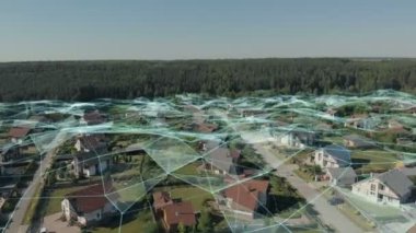 Büyük veri ağı teknolojisiyle klasik Avrupa konutlarının havadan görüşü. Fütürist ağa bağlanıyor, IoT teknolojisi. Nesnelerin interneti, Akıllı şehirler, büyük veriler, artırılmış gerçeklik.