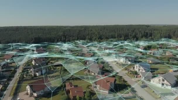 Vista aérea de la clásica urbanización europea con red de big data Tecnología. Conexión de red futurista, tecnología IoT. Internet de las cosas, Smart cities, big data, realidad aumentada . — Vídeo de stock