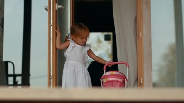 Маленькая девочка, гуляющая на природе с коляской — стоковое видео