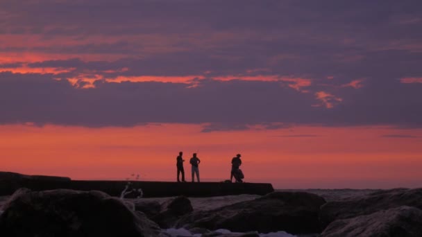 A halászok egy gyönyörű naplemente hátterében halásznak. Silhouette of Fishman halászat napnyugtakor nyáron este. Gyönyörű táj. — Stock videók