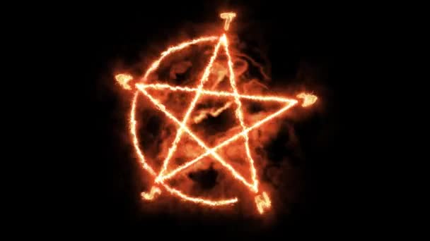 A Pentacle szimbólum égése egy körben. Tűz animáció pentagram szimbólum talizmán pentacle ezoterikus pentagram. Pentacle piros neon csillag amulett sátáni pentagram amulett talizmán. — Stock videók