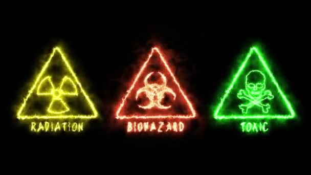 黒の背景に警告記号。グラフィックスタイルでの火災アニメーション。簡易放射線、バイオハザード、毒性を有する抽象的な背景 — ストック動画