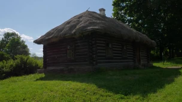 高齢者が住む村の古い木造住宅で、庭は草で覆われ、茅葺屋根が漏れ — ストック動画