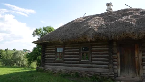 La vecchia casa in legno nel villaggio abitata da anziani e il cortile è stato ricoperto di erba e il tetto di paglia è fuoriuscito — Video Stock
