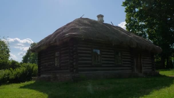 La vieille maison en bois dans le village habitée par des personnes âgées et la cour a été envahie par l'herbe et le toit de chaume est fuyant — Video