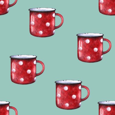 Suluboya kırmızı emaye polka nokta kupa fincan dikişsiz desen. Dekoratif retro chevron. Mavi yeşil