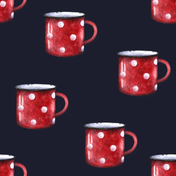 Aquarela esmalte vermelho polka ponto caneca copo sem costura padrão. Chevron retrô decorativo. Azul escuro — Fotografia de Stock