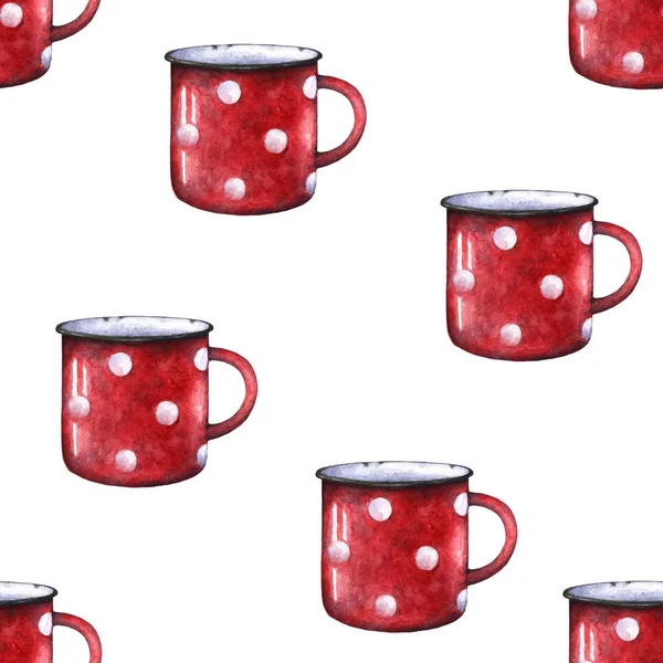 Aquarela esmalte vermelho polka ponto caneca copo sem costura padrão. Chevron retrô decorativo — Fotografia de Stock
