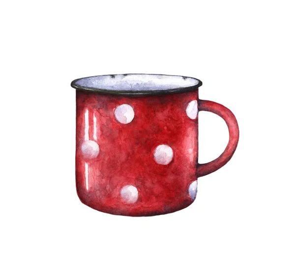 Taza roja de lunares de esmalte acuarela. Aislado sobre fondo blanco. Estilo vintage retro. Copa linda de metal —  Fotos de Stock