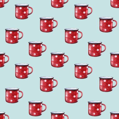 Suluboya kırmızı emaye polka nokta kupa fincan dikişsiz desen. Dekoratif retro chevron. Mavi yeşil