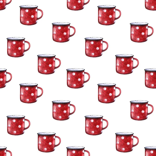 Aquarela esmalte vermelho polka ponto caneca copo sem costura padrão. Chevron retrô decorativo — Fotografia de Stock