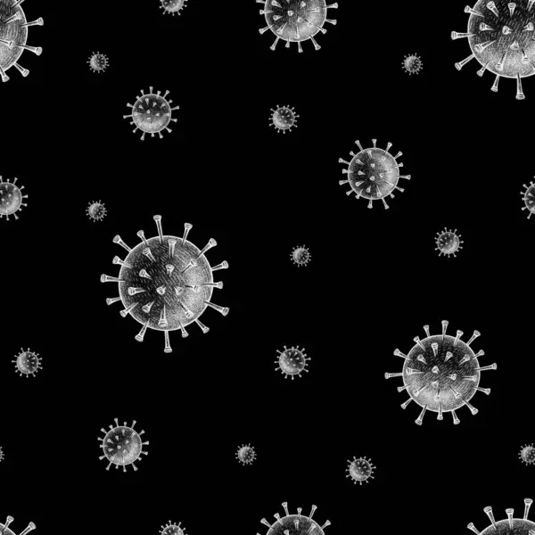 Hand drawn raster ink illustration of coronavirus. White on black Virus Covid-19 seamless pattern