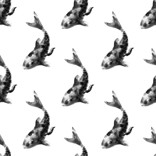 Ryby koi kapr inkoust a praní černé a bílé vzor design. Japonský ručně kreslený styl malby — Stock fotografie